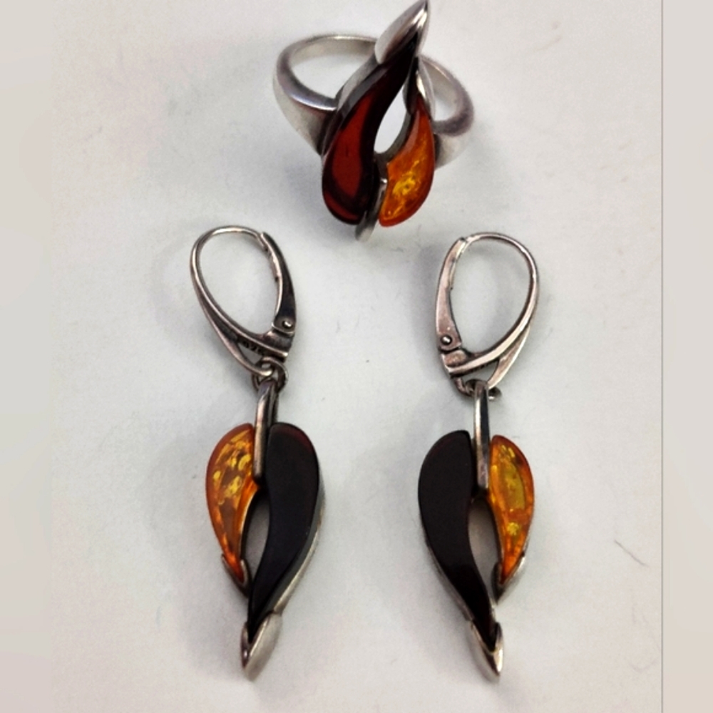 Vintage Two-tone Amber Sterling Silver Earrings and Ring Set